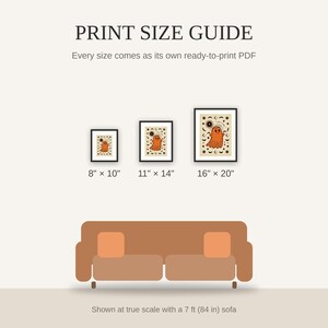 Print size guide showing 8x10, 11x14, and 16x20 framed prints at true scale beside a sofa