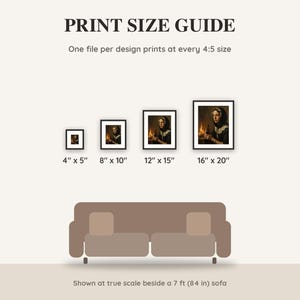 Print size guide showing 4x5, 8x10, 12x15 and 16x20 inch Halloween prints at true scale beside a sofa
