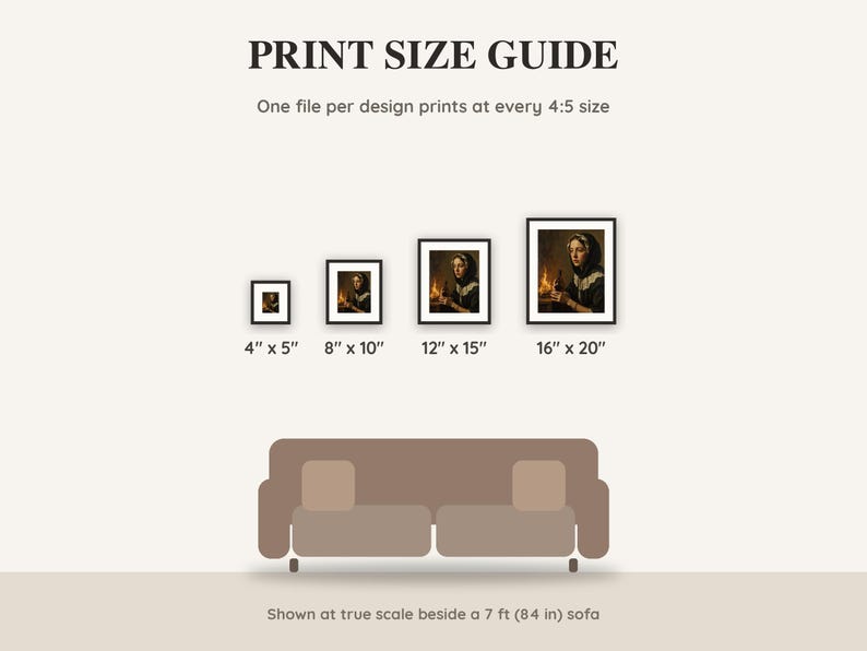 Print size guide showing 4x5, 8x10, 12x15 and 16x20 inch Halloween prints at true scale beside a sofa