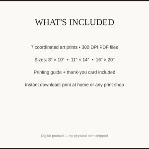 What's included: 7 art prints as 300 DPI PDFs in three sizes plus printing guide and thank-you card