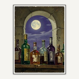 Vintage oil painting of full moon over arched window and liquor bottles