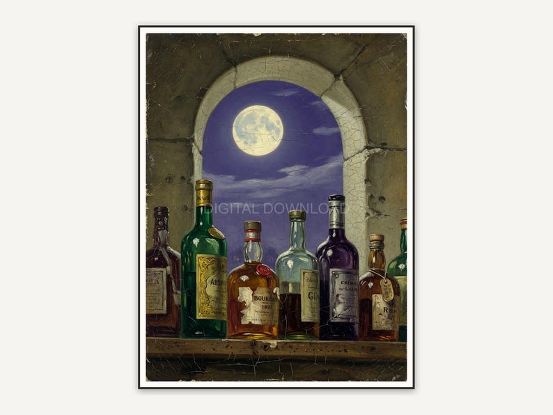 Vintage oil painting of full moon over arched window and liquor bottles