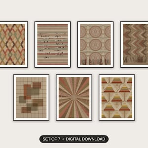Set of 7 geometric textile weaves printable prints shown as a gallery wall