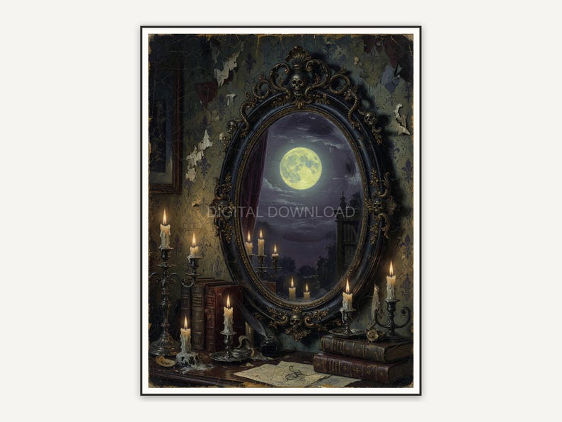 Moon reflected in ornate study mirror