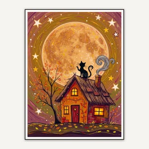 Full moon over cottage with cat silhouette