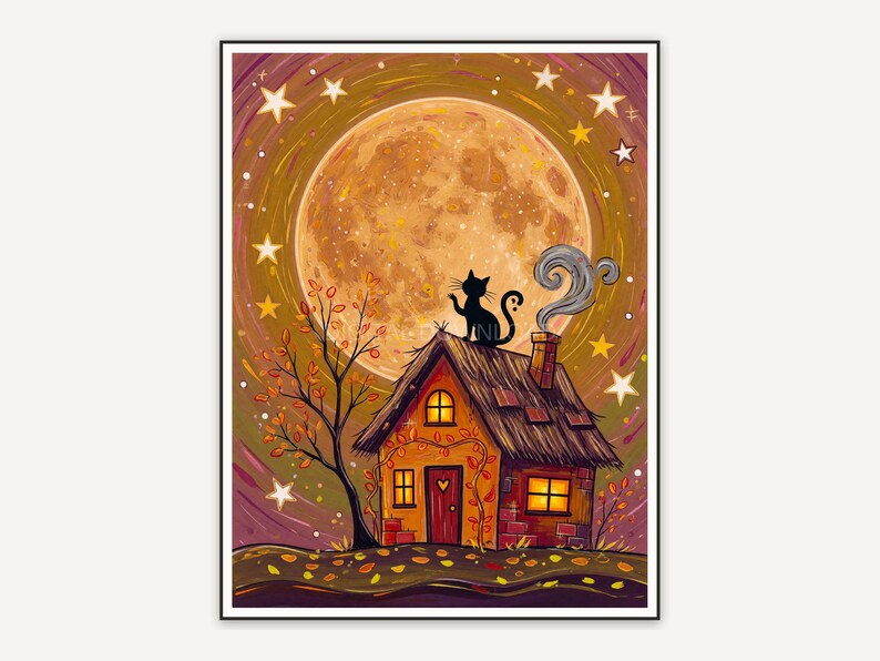 Full moon over cottage with cat silhouette