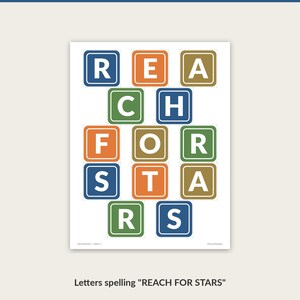 Cut-out letters spelling REACH FOR STARS