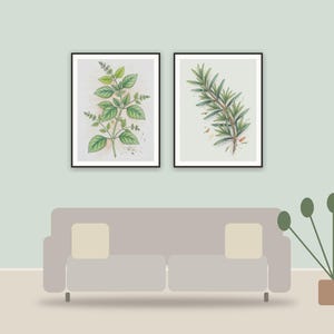 kitchen herb prints printable art framed above a sofa in a styled living room