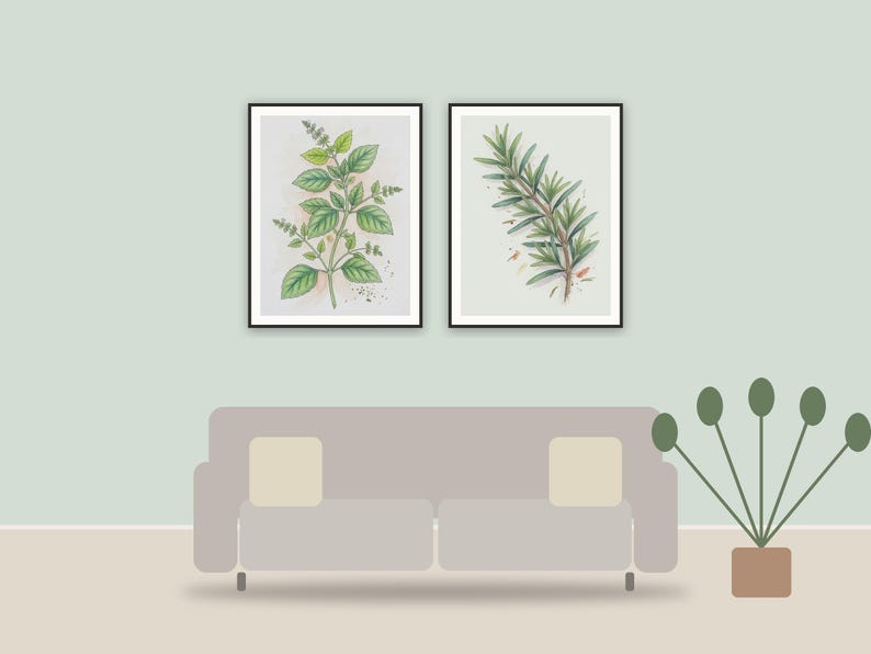 kitchen herb prints printable art framed above a sofa in a styled living room