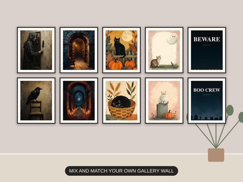 Ten Halloween prints from the bundle framed together as a gallery wall above a console table