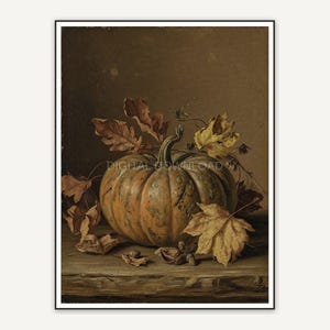 Muted antique oil still life of a pumpkin surrounded by dried autumn leaves