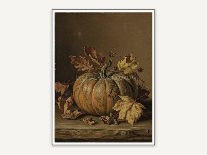 Muted antique oil still life of a pumpkin surrounded by dried autumn leaves