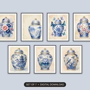 Set of 7 chinoiserie wall art printable prints shown as a gallery wall