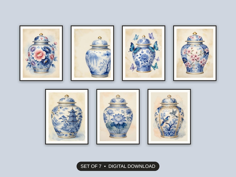 Set of 7 chinoiserie wall art printable prints shown as a gallery wall