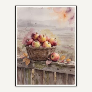 Soft watercolor apple basket print on fence