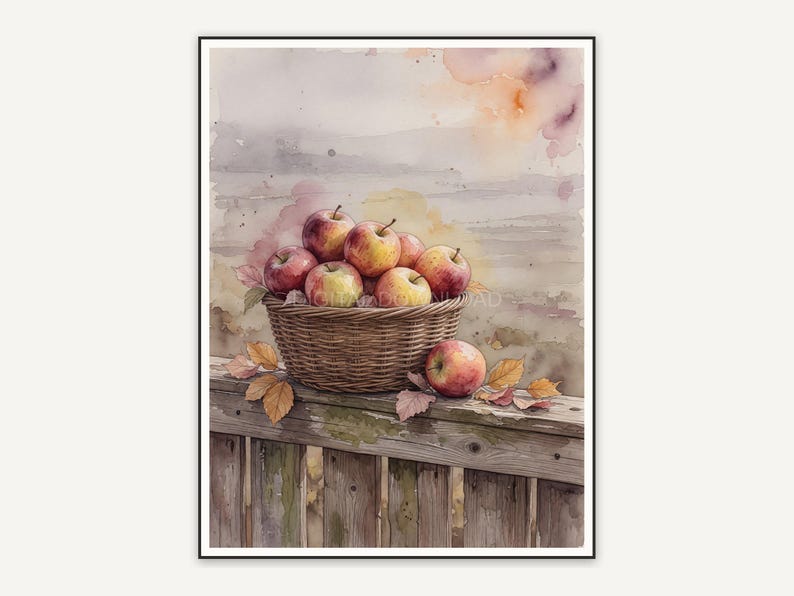 Soft watercolor apple basket print on fence