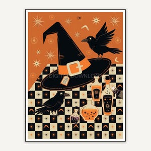 Witch hat on diner table with ravens
