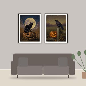 halloween decor printable art framed above a sofa in a styled living room
