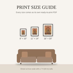 Print size guide showing 8x10, 11x14, and 16x20 framed prints at true scale beside a sofa