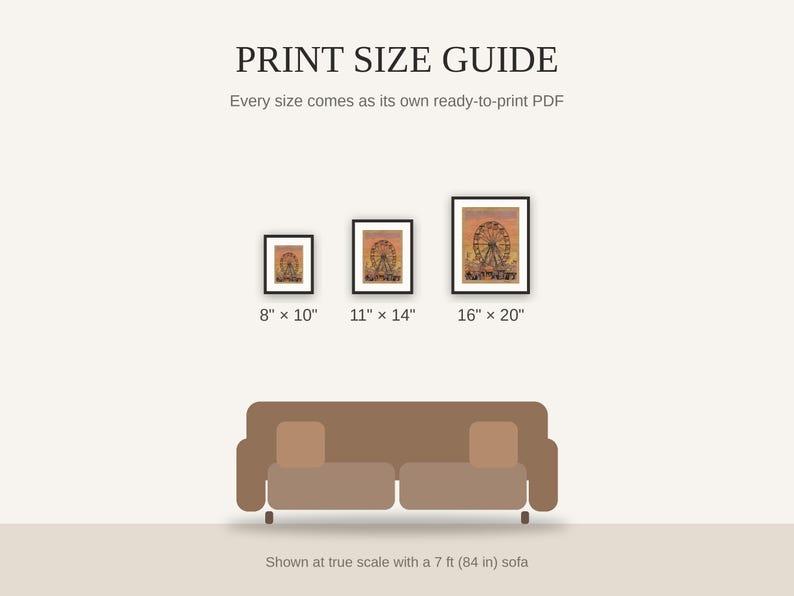 Print size guide showing 8x10, 11x14, and 16x20 framed prints at true scale beside a sofa