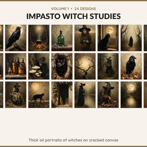 Volume 1 Impasto Witch Studies: 24 printable Halloween art designs, thick oil portraits of witches on cracked canvas