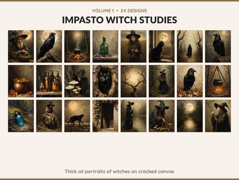 Volume 1 Impasto Witch Studies: 24 printable Halloween art designs, thick oil portraits of witches on cracked canvas