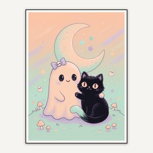 Ghost and cat under crescent moon in pastel tones