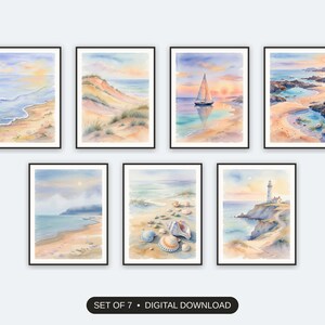 Set of 7 coastal vintage prints printable prints shown as a gallery wall