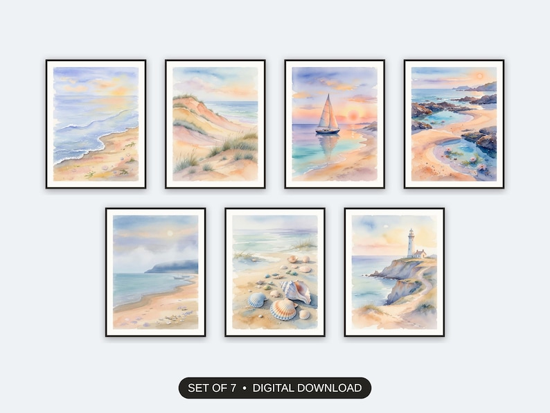 Set of 7 coastal vintage prints printable prints shown as a gallery wall