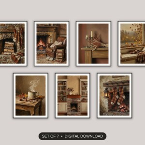 Set of 7 cozy vintage fall printable prints shown as a gallery wall