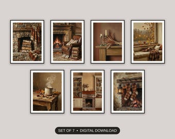 Cozy Hearth Scenes Prints Set of 7 | Vintage Fireside Autumn Art | Fall Equinox Living Room Digital Download