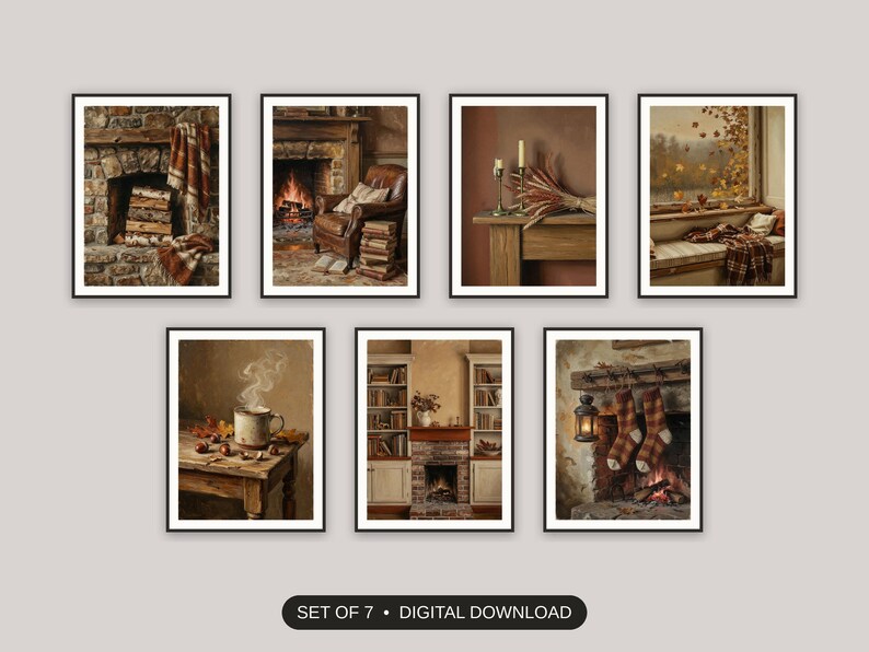 Set of 7 cozy vintage fall printable prints shown as a gallery wall