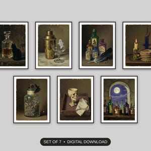 Set of 7 halloween bar cart print printable prints shown as a gallery wall