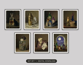 Halloween-Barwagen-Kunstdruck, 7er-Set, Vintage-Ölgemälde, stimmungsvolle antike Getränkeillustrationen, Kaminsims-Deko, Digitaler Download