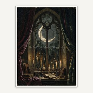 Crescent moon in library window with candles