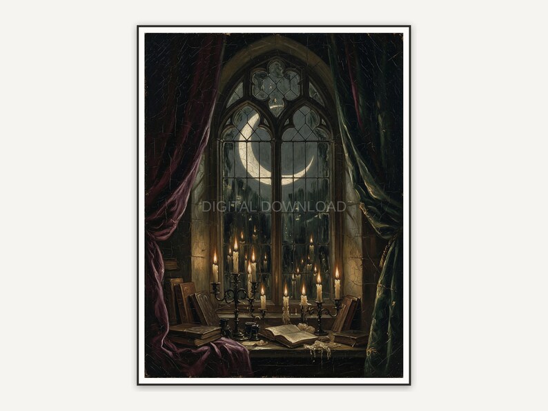 Crescent moon in library window with candles
