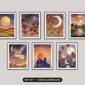 Set of 7 harvest moon celestial art printable prints shown as a gallery wall