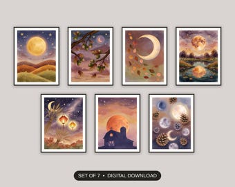 Set di 7 stampe celestiali "Luna del raccolto" / Accoglienti scene notturne autunnali per il soggiorno / Download digitale per l'equinozio d'autunno