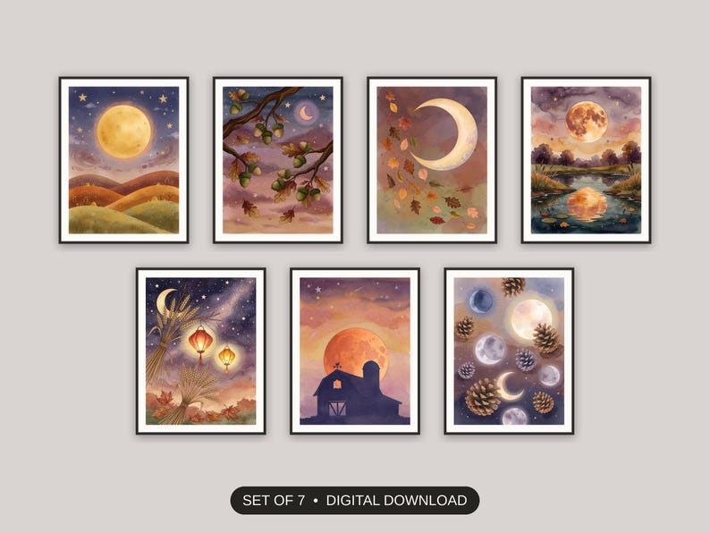 Set of 7 harvest moon celestial art printable prints shown as a gallery wall