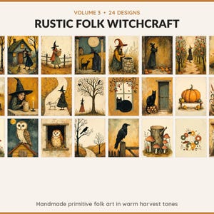 Volume 3 Rustic Folk Witchcraft: 24 printable Halloween art designs, handmade primitive folk art in warm harvest tones