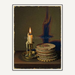 Vintage oil painting of lit brass candle and vintage coasters