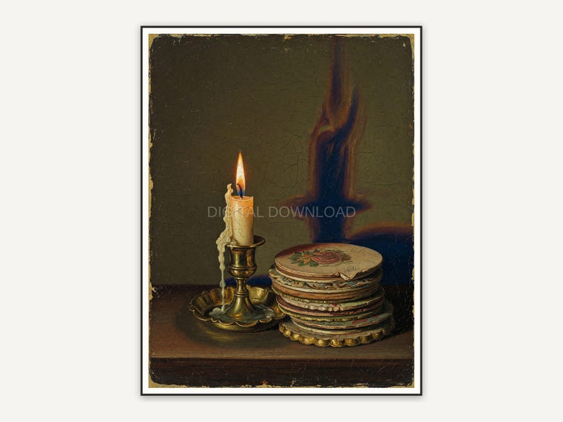 Vintage oil painting of lit brass candle and vintage coasters