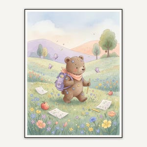 Watercolor bear cub with backpack in soft pastel meadow