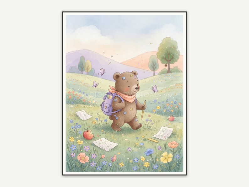 Watercolor bear cub with backpack in soft pastel meadow