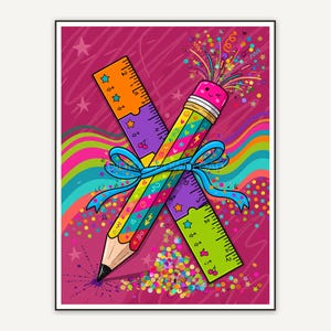 whimsical pencil and ruler set with confetti accents