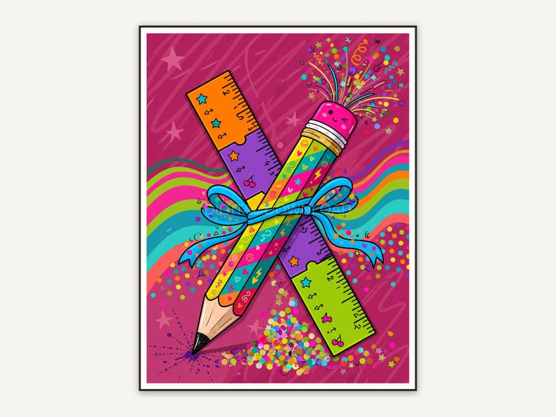 whimsical pencil and ruler set with confetti accents