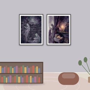 halloween library printable art framed above a classroom reading corner with a bookshelf and rug