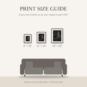 Print size guide showing 8x10, 11x14, and 16x20 framed prints at true scale beside a sofa