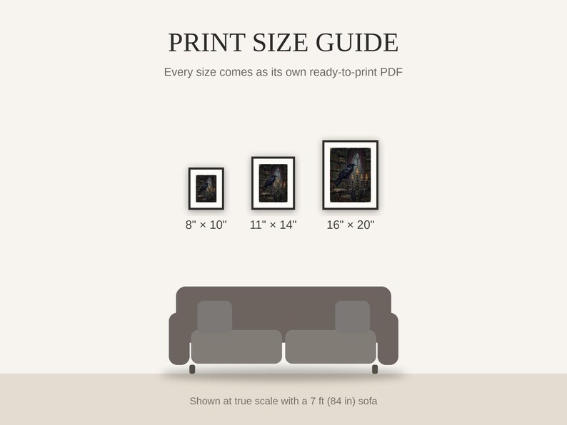 Print size guide showing 8x10, 11x14, and 16x20 framed prints at true scale beside a sofa