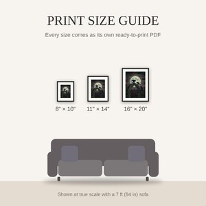 Print size guide showing 8x10, 11x14, and 16x20 framed prints at true scale beside a sofa
